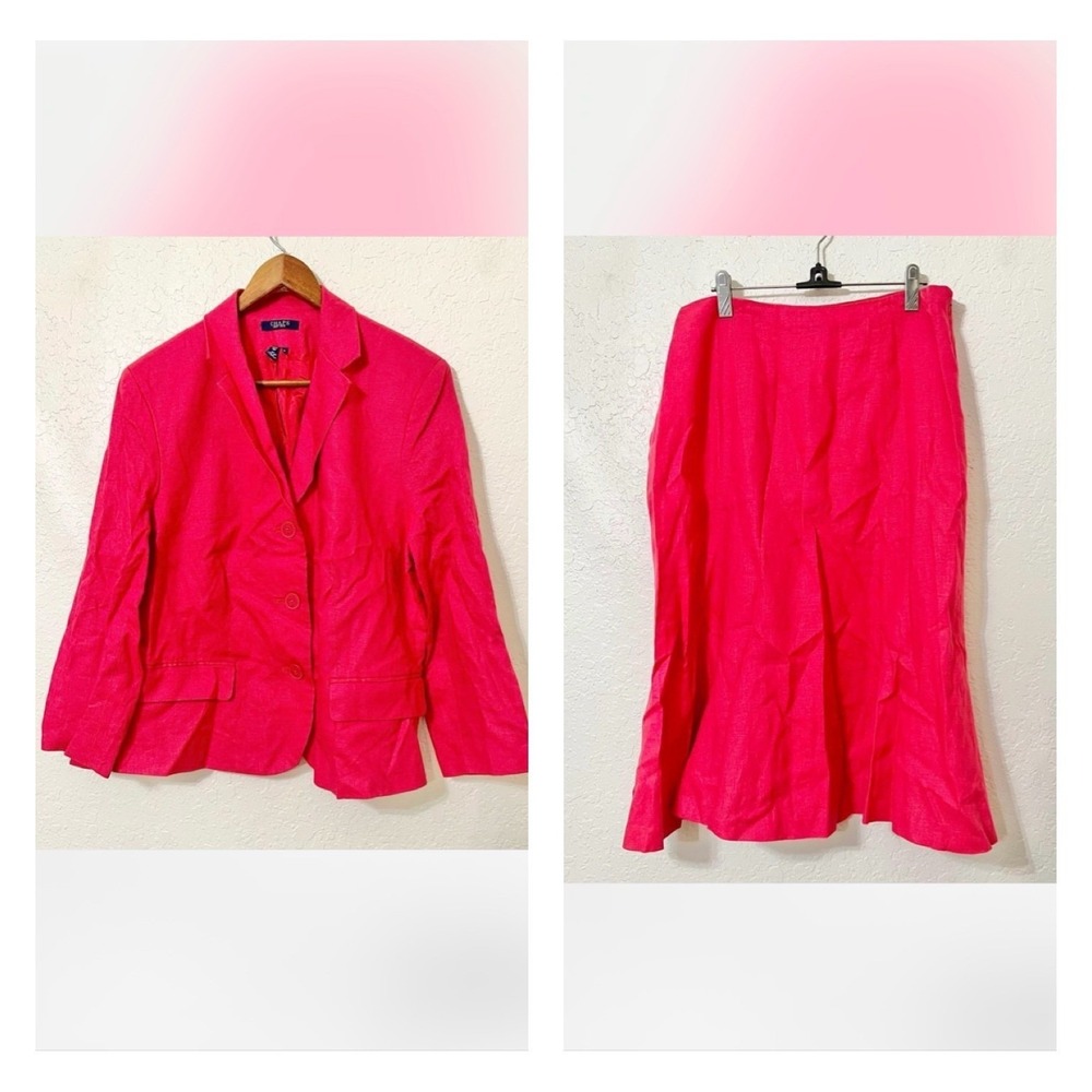 Chaps Womens Red 100% Linen Blazer & Skirt Suit Set Size 16 Size 12 Skirt Preppy